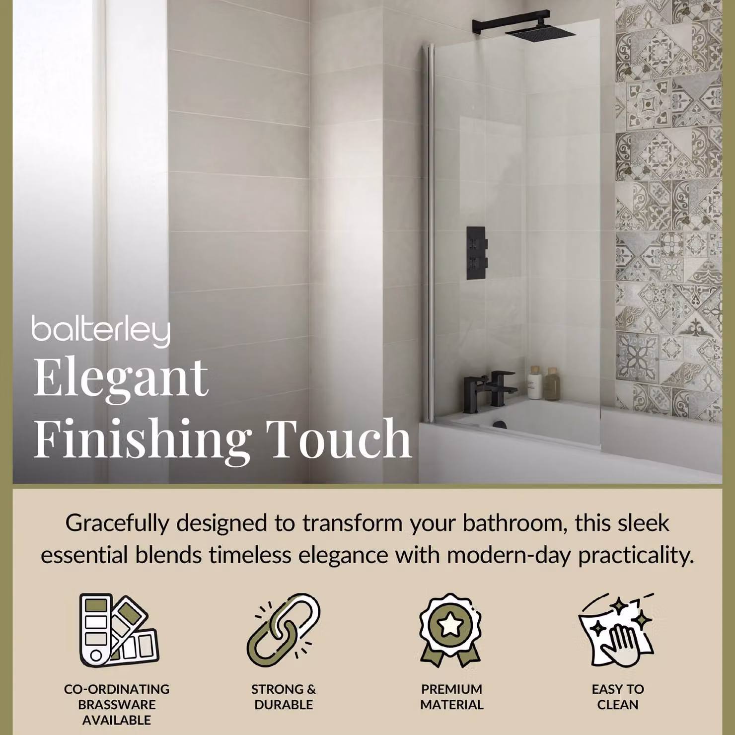 Balterley Reversible 6mm Toughened Safety Glass Bath Screen with Easy Clean Coating, Chrome and Silver – 2