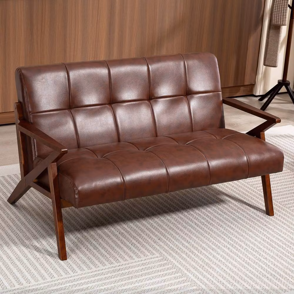 STILVORA 2 Seater Click Clack Sofa in Brown Synthetic Leather with Solid Beech Wood Frame, W/D/H: 133 x 78.5 x 81 cm – 3