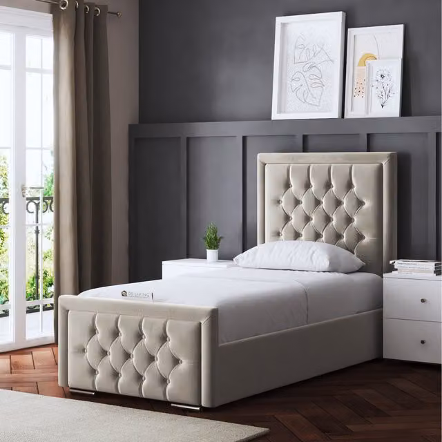 DS Living Allegra Chesterfield Upholstered Velvet Bed in Beige, W/D/H: 120 x 200 cm