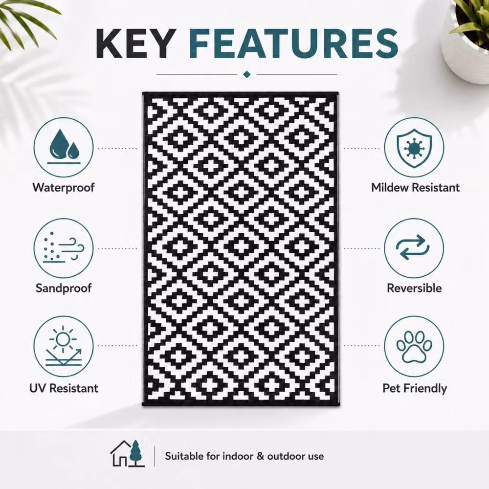 PAWNORA Reversible Woven Patio Rug with Black and White Diamond Pattern, W x D: 120 x 180 cm – 3