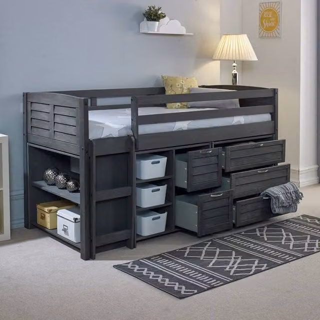 Amani Grey Solid Pine Mid Sleeper with Drawers and Shelves, Single Size