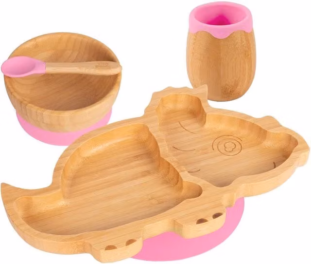 Tiny Dining Dinosaur 4pc Bamboo and Silicone Suction Baby Feeding Set in Pink