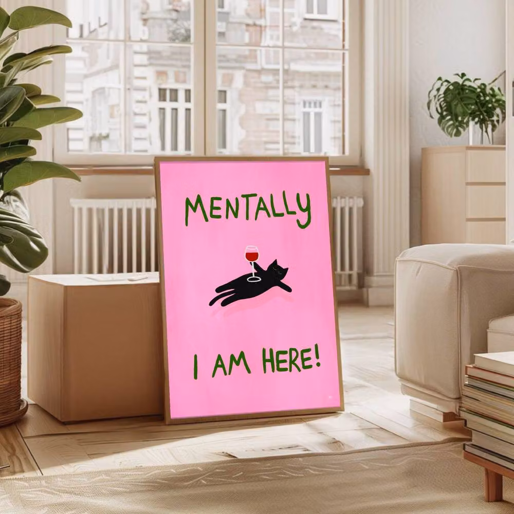 The Paper Tail Mentally I'm Here Cat Wall Print, Multicolour, W: 29.7 cm, H: 42.0 cm – 2