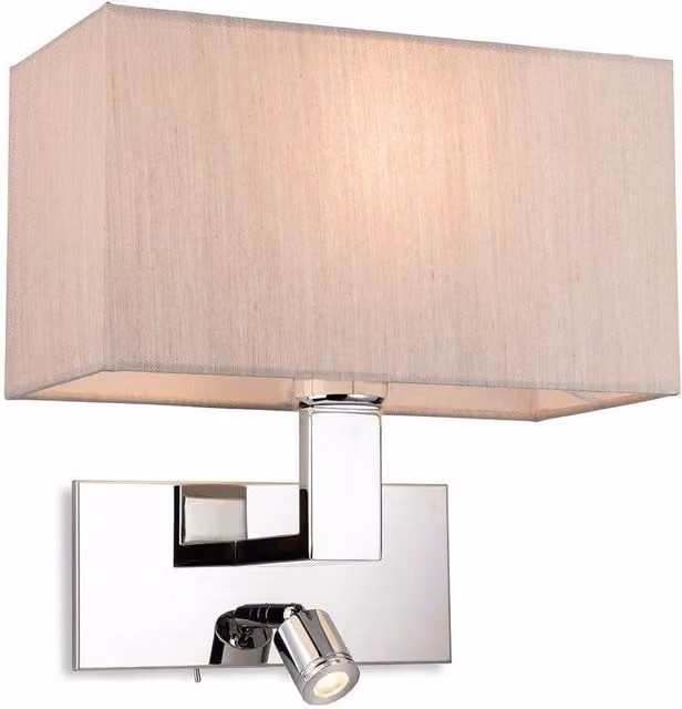 Netlighting Raffles Wall Lamp with Adjustable Switched Reading Light in Chrome and Grey Oyster Fabric Shade