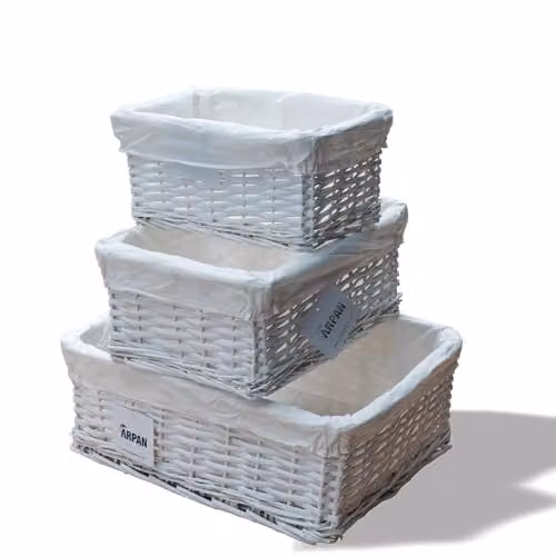 Arpan Set of 3 White Wicker Gift Hamper Storage Baskets with Fabric Lining
