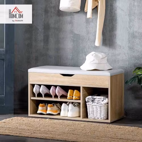 HOMCOM Shoe Storage Bench with Synthetic Leather Padded Seat and Hidden Compartment in Sand and Brown, W/D/H: 80 x 30 x 43 cm – 2