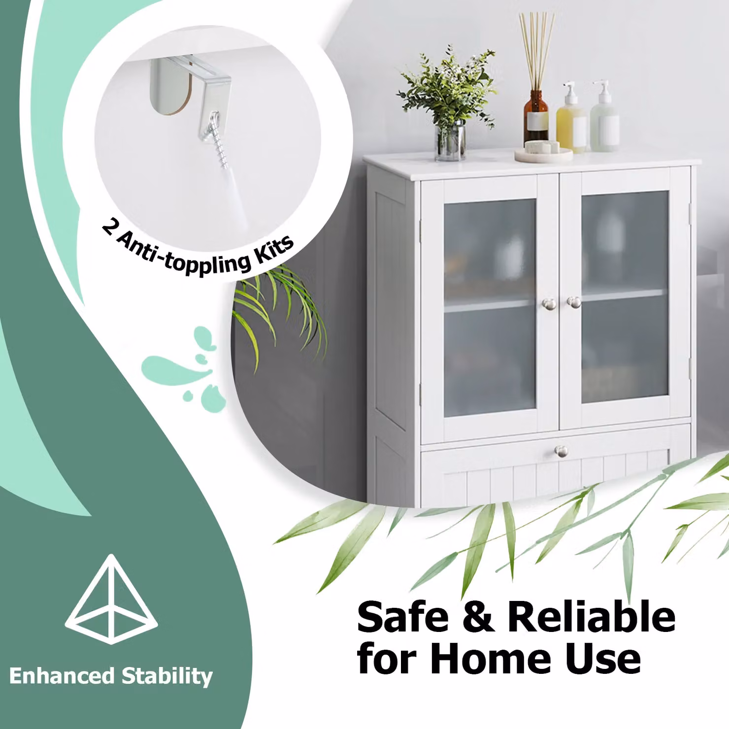 Costway Freestanding White Bathroom Storage Cabinet with Glass Doors and Internal Shelves and Drawers – 4
