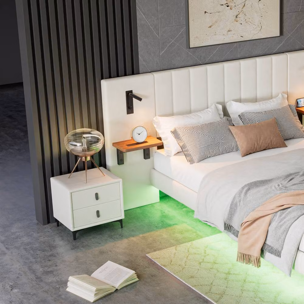 BTM White Velvet Double Bed with USB Charging, Storage Headboard and Bedside Lamps, W/D/H: 140 x 200 cm – 7
