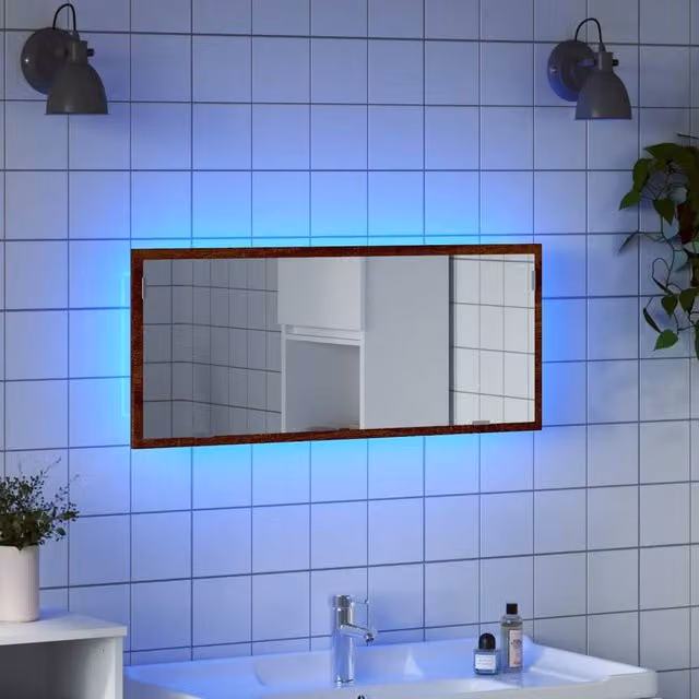 Berkfield Home LED Bathroom Mirror in Brown Oak, W: 100 cm, D: 8.5 cm, H: 37 cm