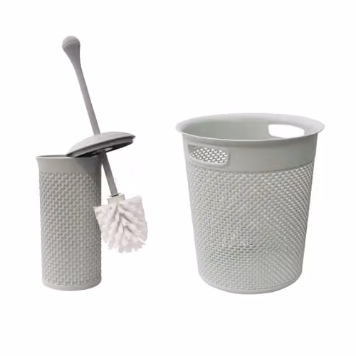 JVL Droplette Freestanding Toilet Brush and Round Bin Set with Flip Lid in Grey – 1