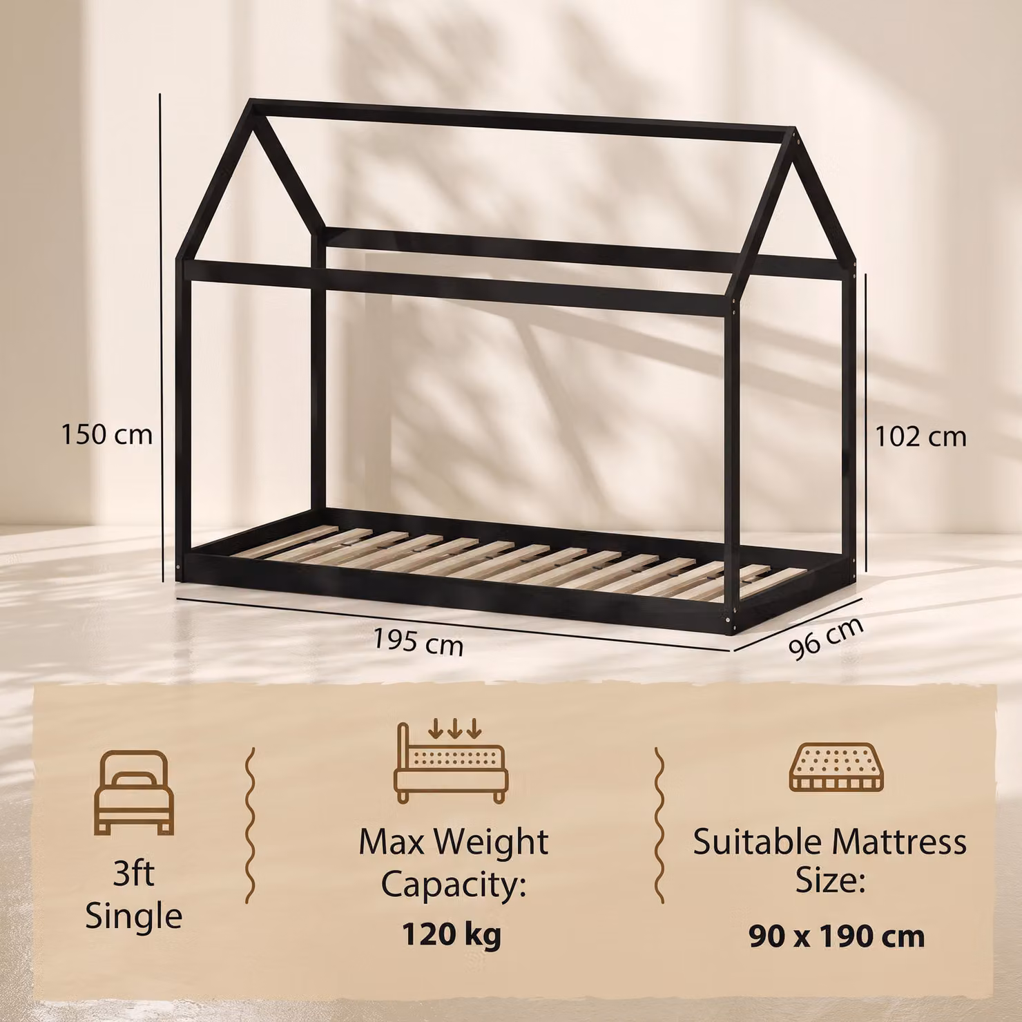 HOMCOM Scandinavian Style Solid Wood Single Bed Frame in Black, W/D: 90 x 190 cm – 3