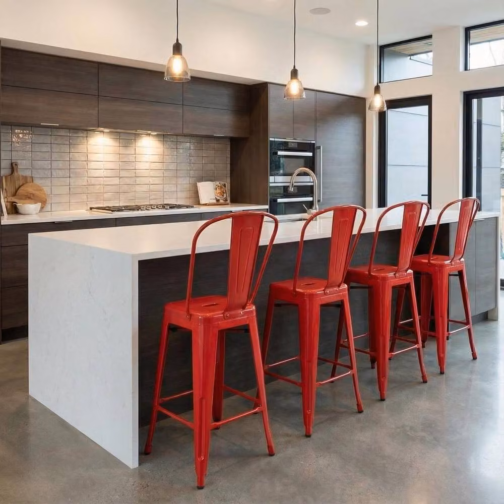 FWStyle Set of 4 Red Glossy Metal Bistro Bar Chairs H 102 x W 48 x D 44 cm – 2