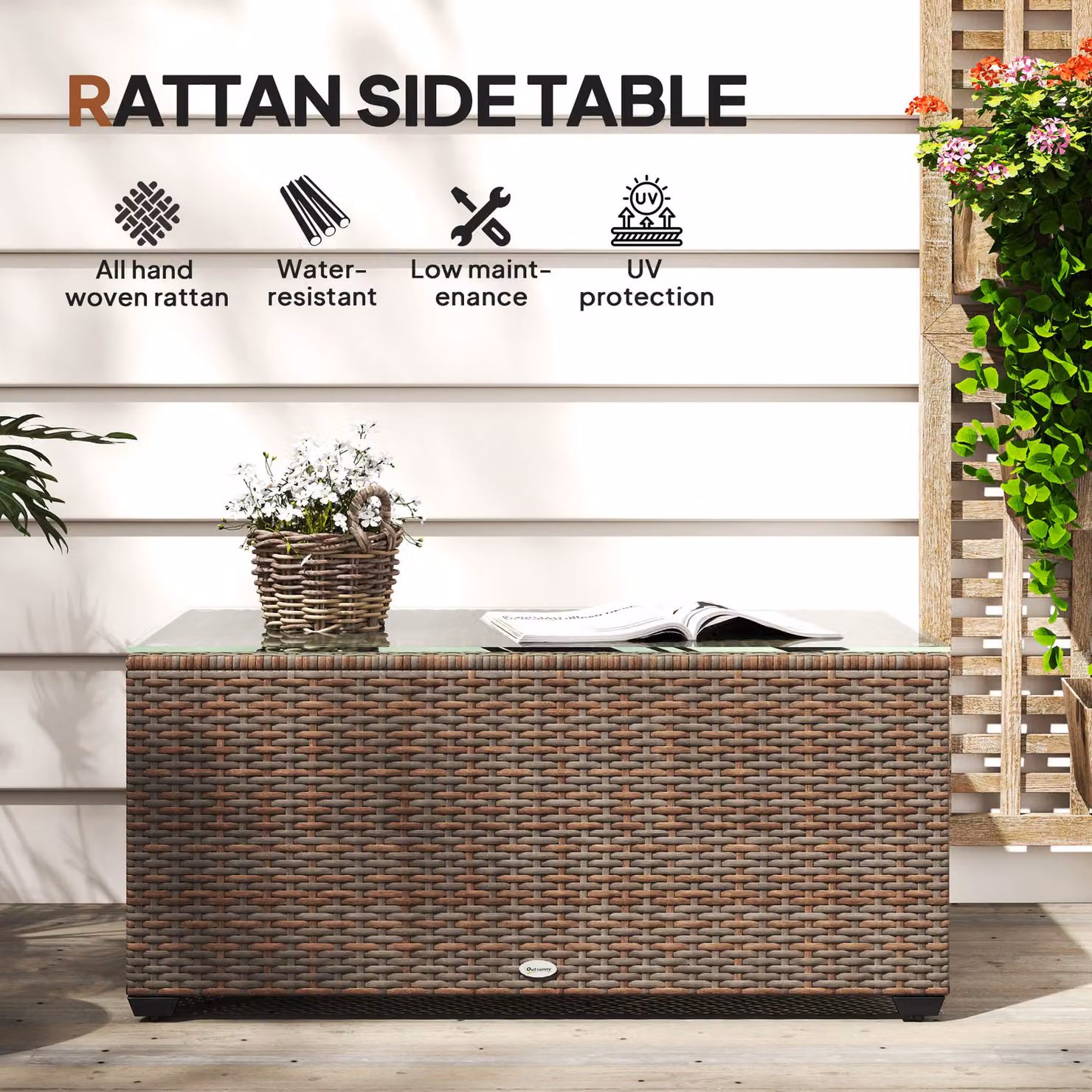 Outsunny Brown Rattan Garden Side Table with Glass Top, W: 90 cm, D: 50 cm – 4