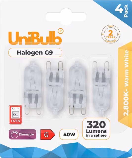 UniBulb G9 Halogen Capsule Bulb, 40W, 320lm, 2800K Warm White, Pack of 4