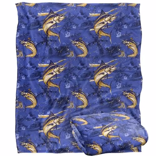 JQ Licensing Marlin Tiki Fishing Pattern 2 Super Soft Fleece Throw Blanket, White, W/D/H: 152 x 127 cm – 1