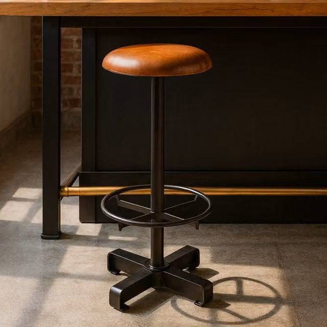 Fifty Five South Industrial Leather and Metal Bar Stool in Brown and Black