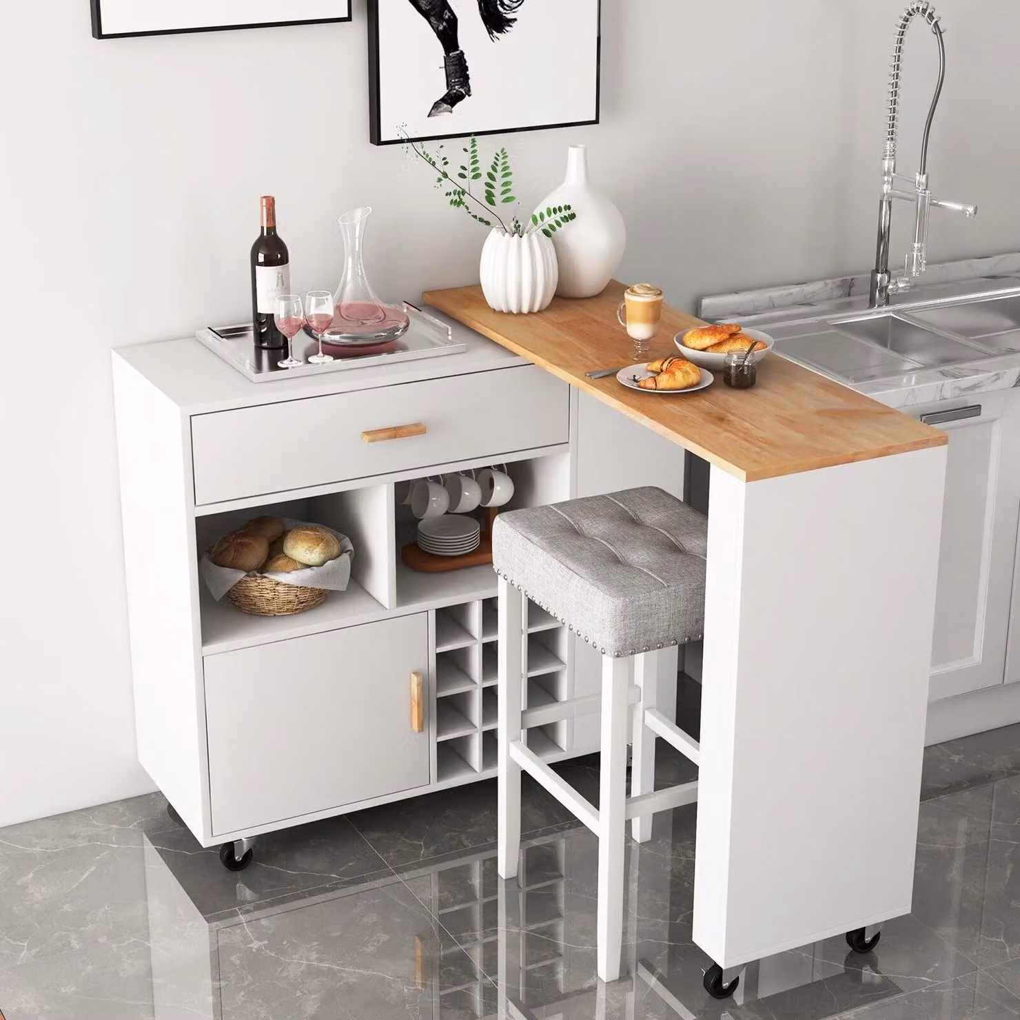 Gymax White Kitchen Island and Wine Bar Table Combo with Reversible Rotating Top and Castors – 2