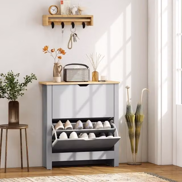 HOMCOM 12-Shoe Storage Cabinet with 4 Shelves and 2 Drawers in Light Grey