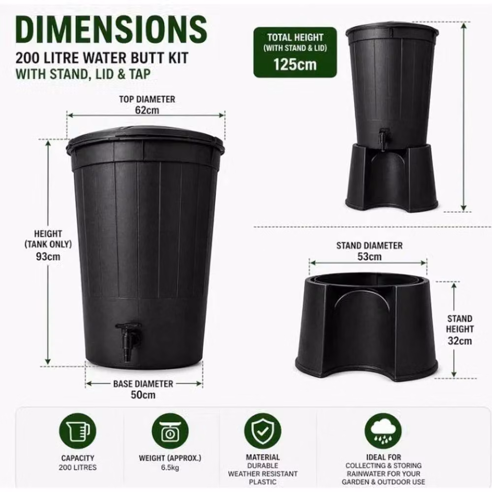 SPETLEK 200 Litre Black Rain Barrel Kit with Stand, Lid and Tap – 2