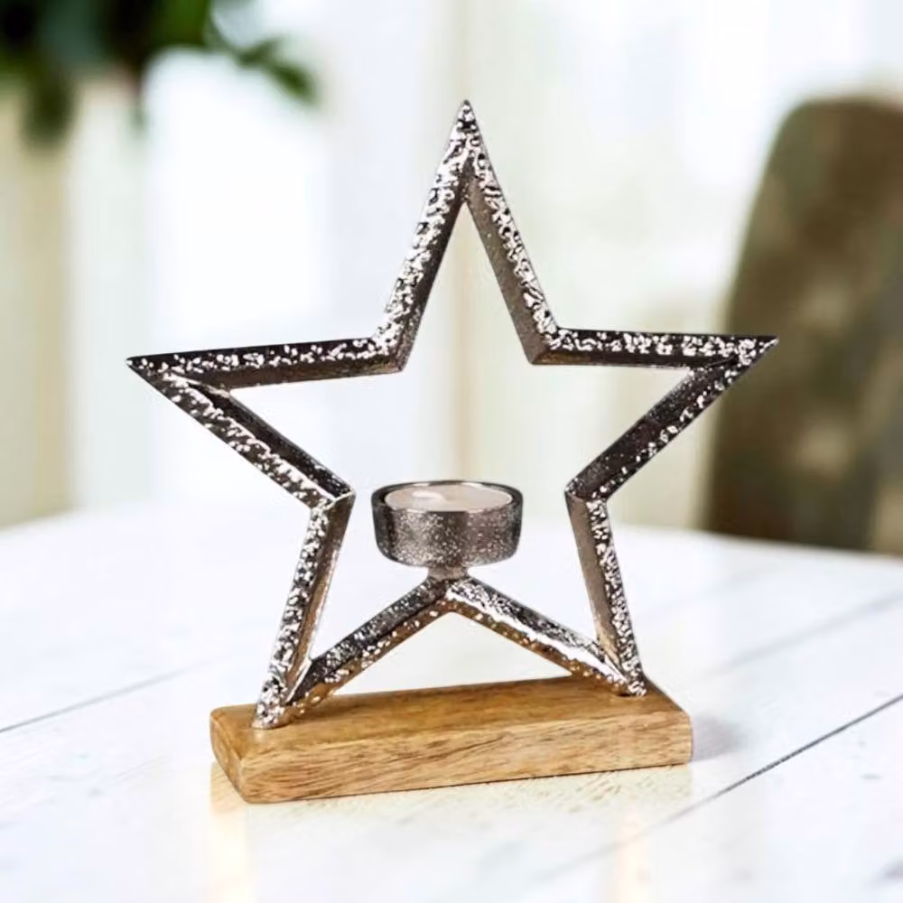 Four Candle Metal Star Tealight Holder in Silver, W: 5 cm, D: 21.5 cm, H: 20 cm – 2