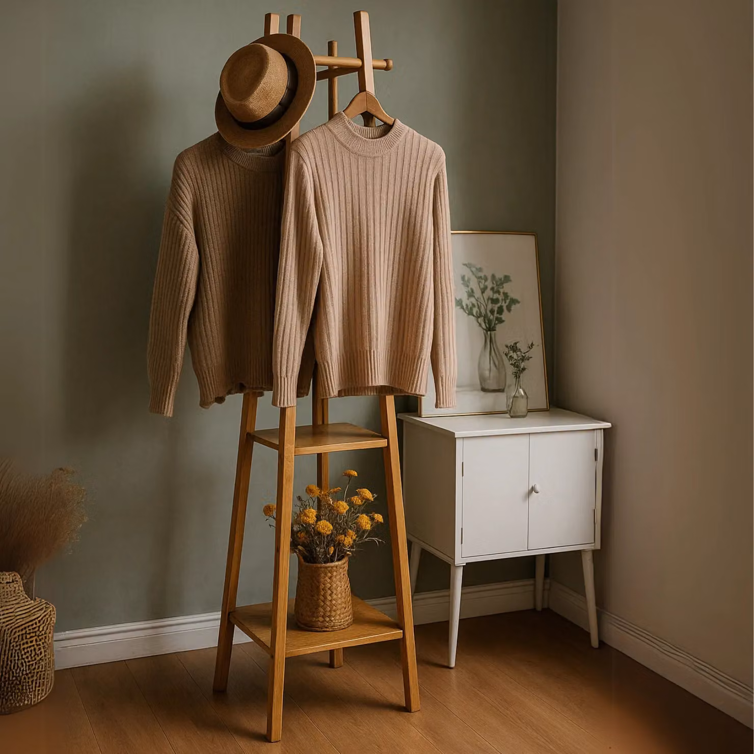 Rafaelo Mobilia Wooden Hallway Coat Rack Stand with 3 Shelves in Brown, H 168 x W 40 x D 40 cm – 2