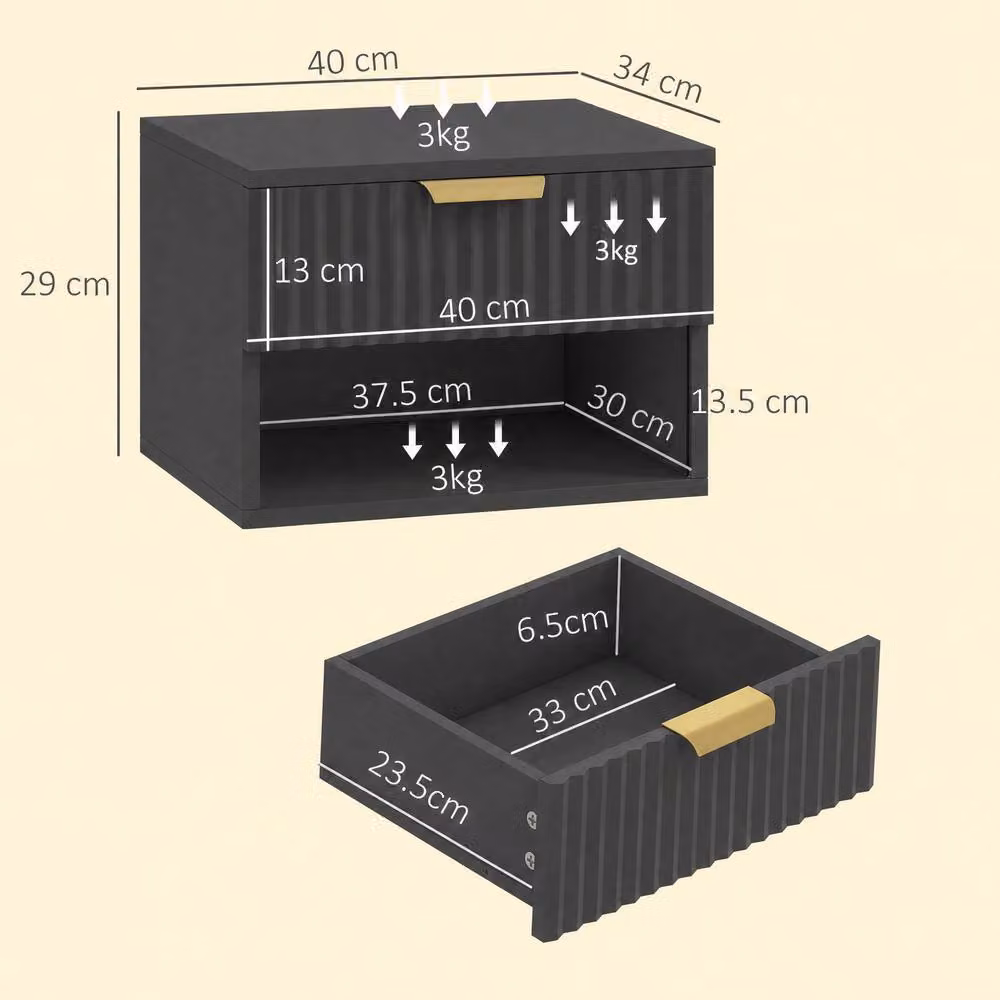 STILVORA Set of 2 Black Wall Mounted Bedside Cabinets with Soft Close Drawers – 3