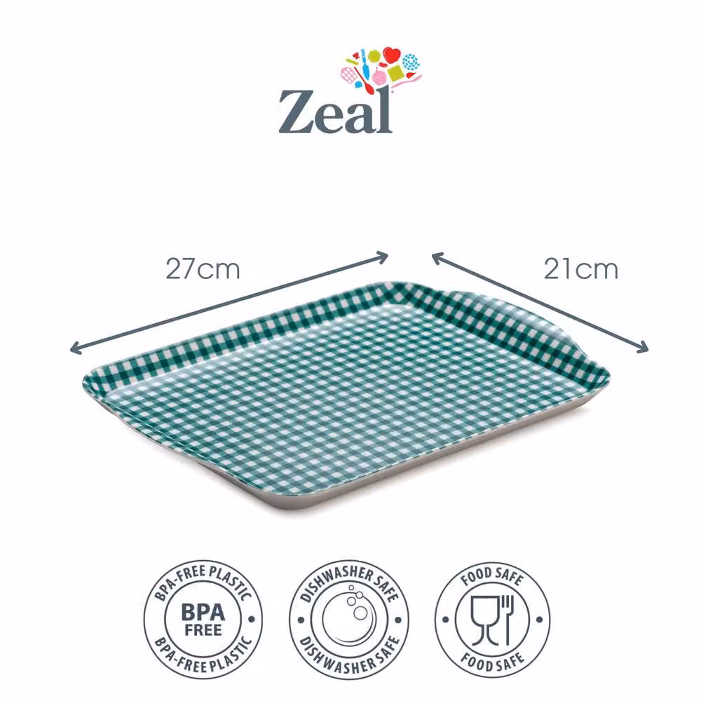 Zeal Melamine Gingham Rectangular Serving Tray with Handles, Green, W: 27 cm, D: 21 cm – 2