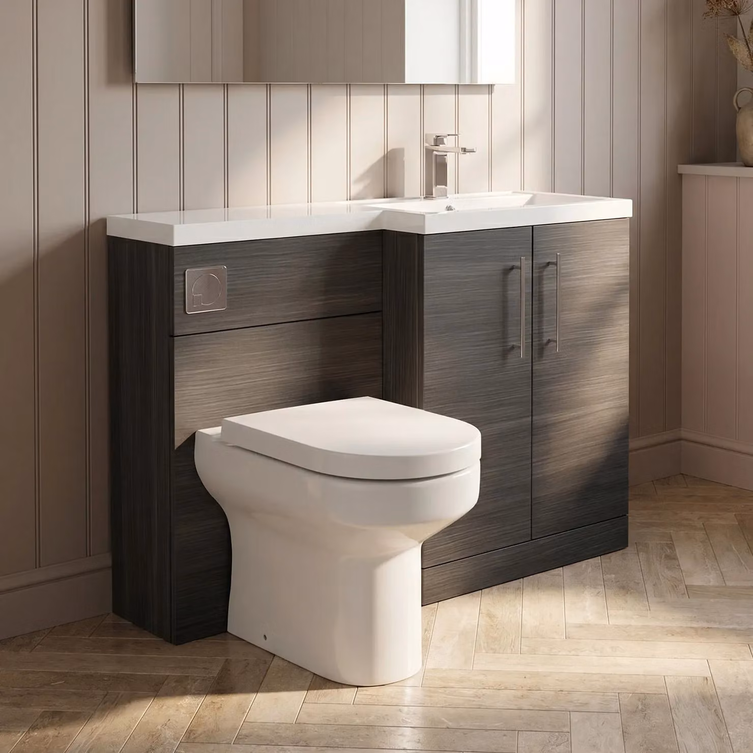 Balterley Modern Right Hand Floor Standing Vanity Basin and WC Unit, Anthracite Grey Woodgrain, W/D/H: 80 x 39 x 110 cm – 4