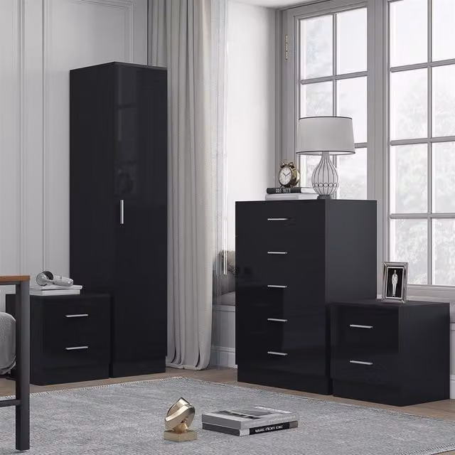 REFLECT Bedroom Furniture Set in Black High Gloss and Matt Black, including 1 Door Wardrobe, 5 Drawer Chest and 2 Bedsides