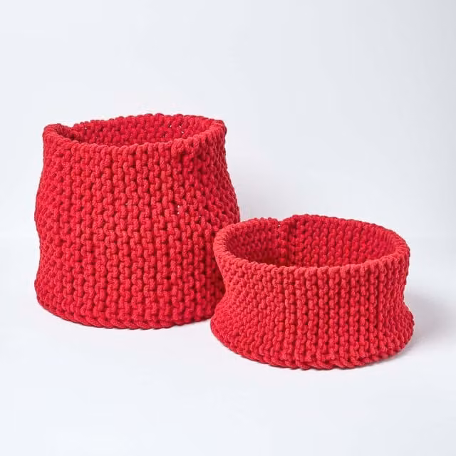 Homescapes Red Open Weave Cotton Knitted Round Storage Basket 65l