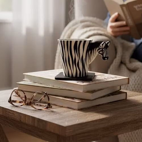Handmade Ceramic Zebra Design Mug in White and Multicolour with 3D Handle – 4