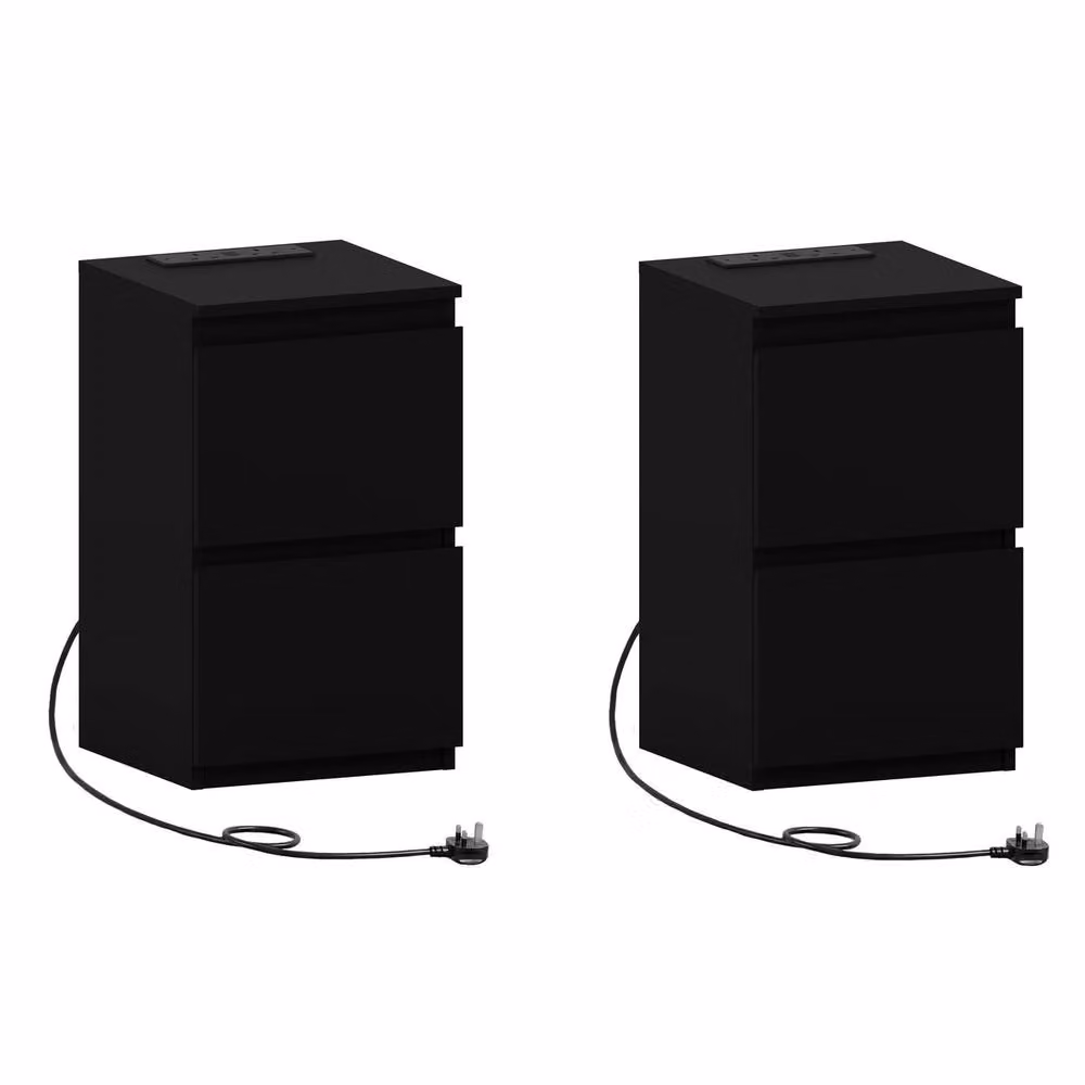 Vida Designs Denver Set of 2 Black 2 Drawer Bedside Chests with Power Outlet – 2