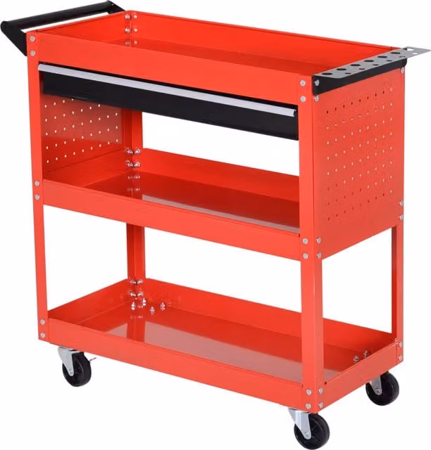 DURHAND 3-Tier Tool Trolley Storage Cart with Drawer, Red