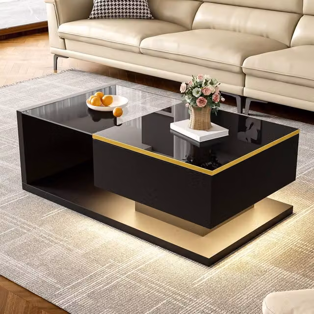 Merax Modern High-Gloss Rectangular Coffee Table with Tempered Glass and LED Lights in Black and White, W/D/H: 90 x 60 x 32.5 cm