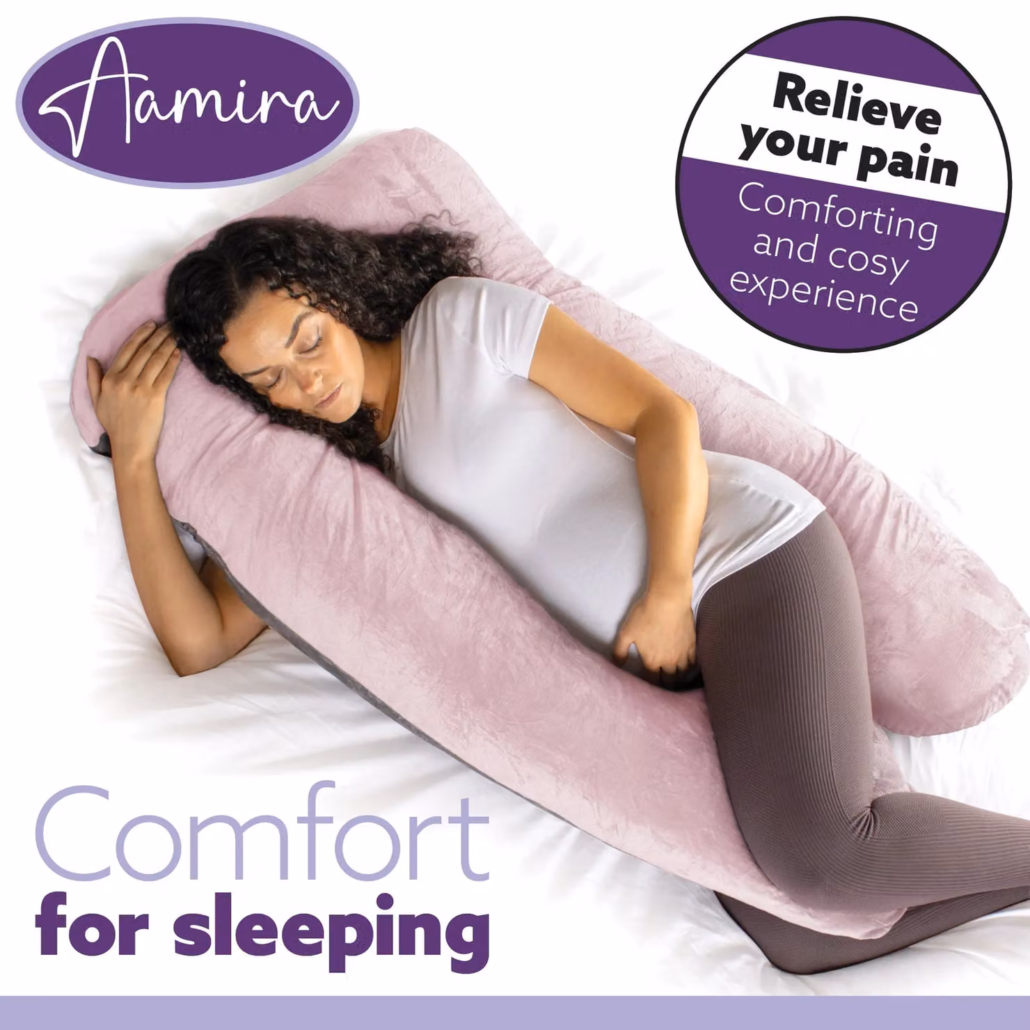 Aamira Women's U-Shaped Memory Foam Pregnancy Pillow in Pink and Grey – 4
