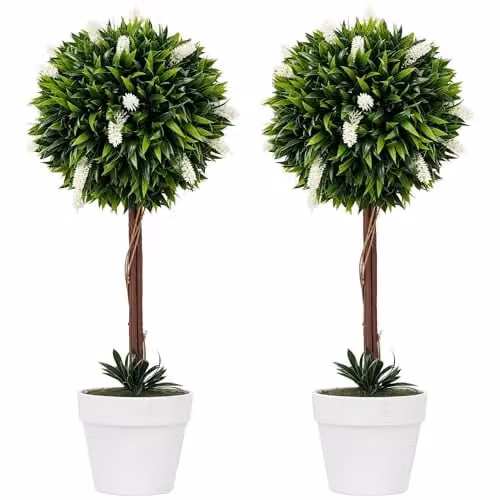 HOMCOM Set of 2 Artificial Floral Ball Trees in White and Green, Height: 60 cm