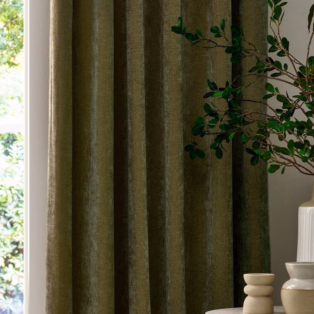 Yard Heavy Chenille Blackout Pencil Pleat Curtain Pair in Green, Width: 168 cm, Drop: 229 cm – 3