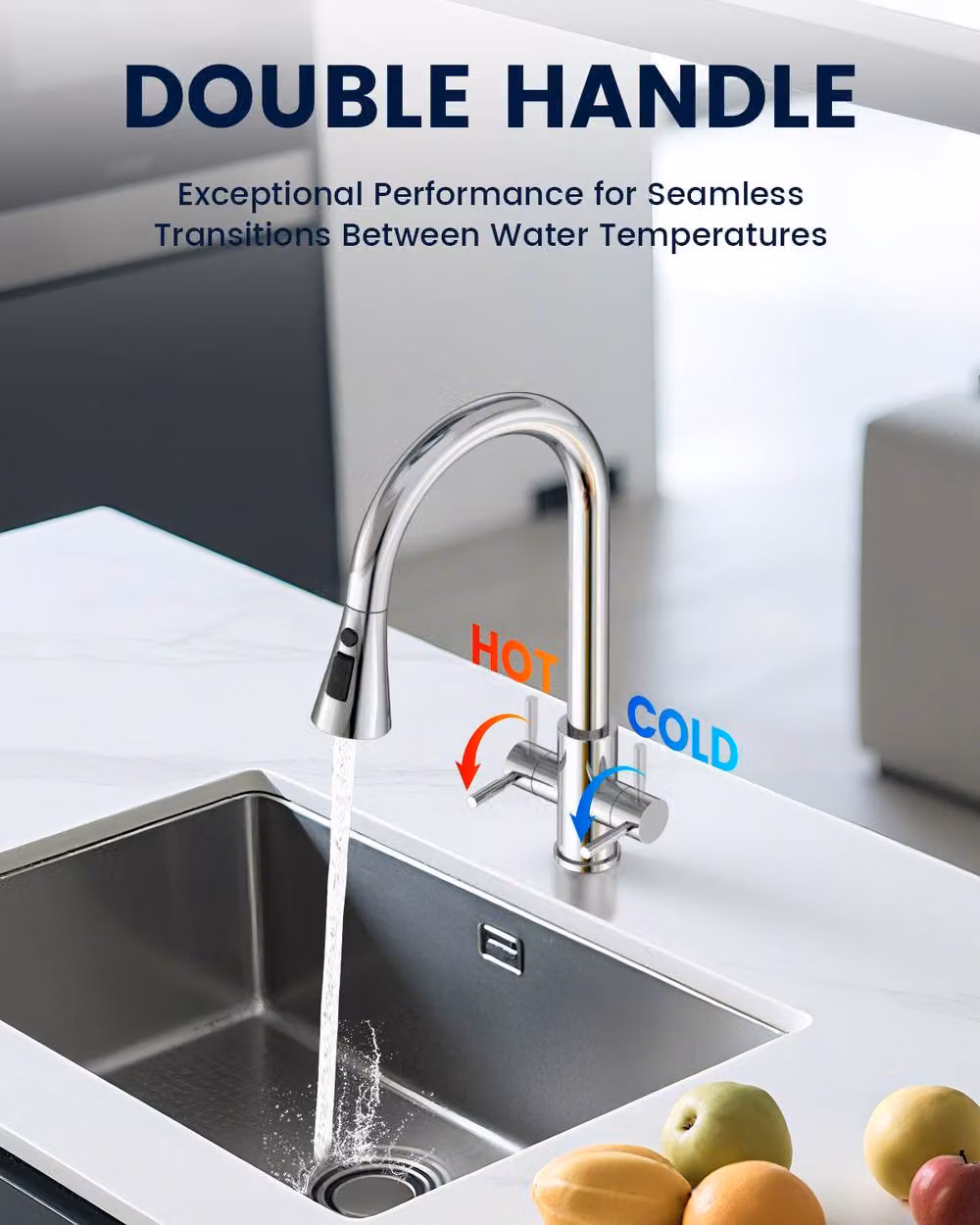 Dayone Sleek Dual Lever Kitchen Tap in Silver Stainless Steel with Pull Out Spray Spout and 360 Degree Swivel – 3