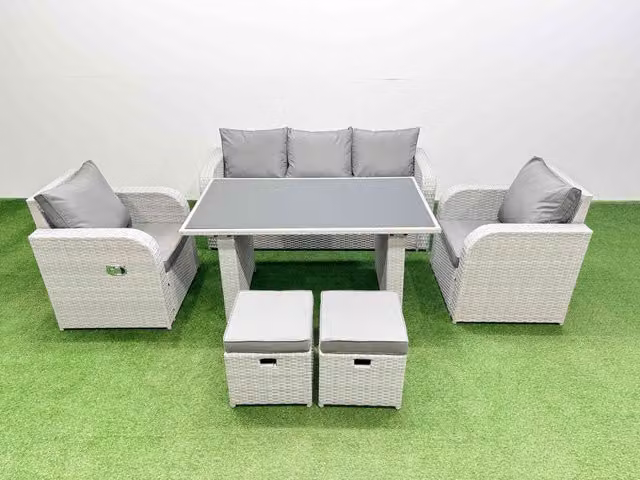 Fimous 7-Seater Outdoor Rattan Garden Furniture Dining Set with 2 Small Stools in Light Grey