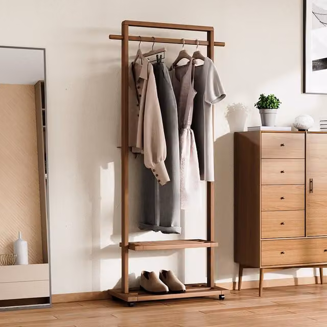 Livingandhome Modern Bamboo Clothes Rail with Wood Storage Shelves in Brown