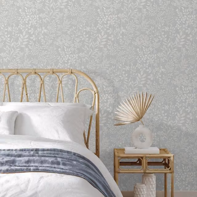 Grandeco Embroidery Stitched Organic Blue Floral and Botanical Foliage Trail Wallpaper