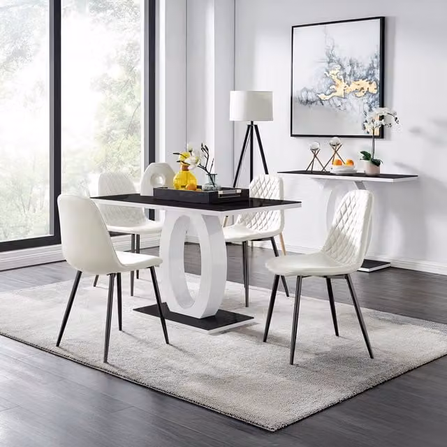 FurnitureboxUK Giovani White Rectangular Glass Dining Table and Four Black Corona Faux Leather Chairs Set