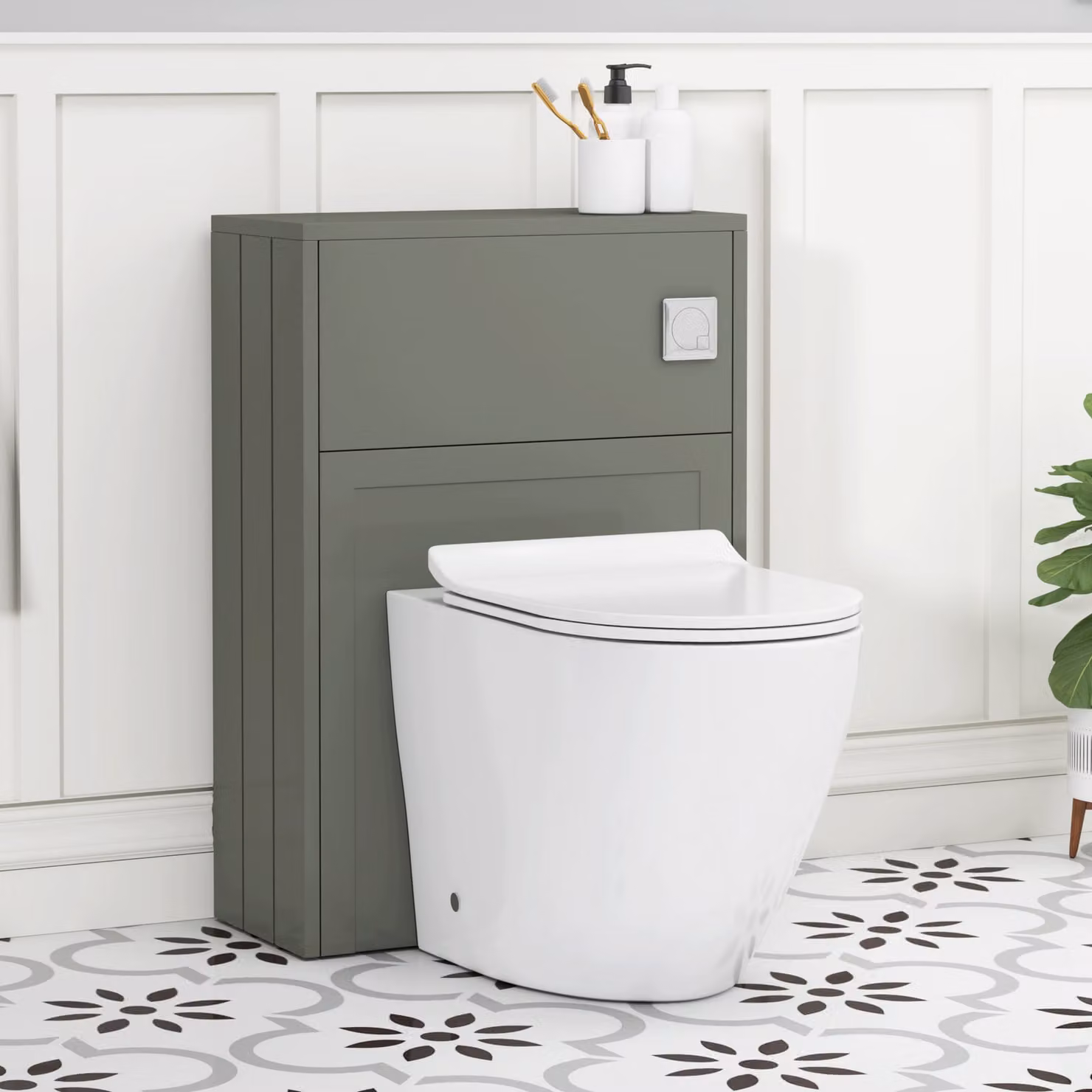 Royal Bathrooms Elmore Matte Green BTW WC Unit with Elva Rimless Ceramic Toilet Pan, Slim Soft Close Seat and Cistern, Width: 55 cm
