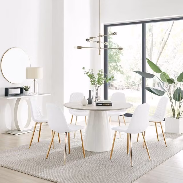 FurnitureboxUK Palma Beige Stone Effect Round Dining Table and 6 Corona Gold Leg Chairs in White