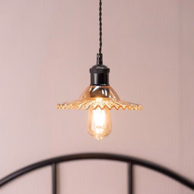 ValueLights Lucrezia Black and Amber Pendant Light with Frilled Glass Lampshade, Shade Width: 21.5 cm