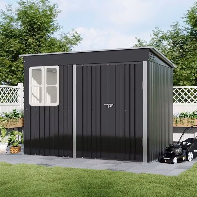 Lifeideas Metal Pent Garden Shed with Window and Lock in Matt Black
