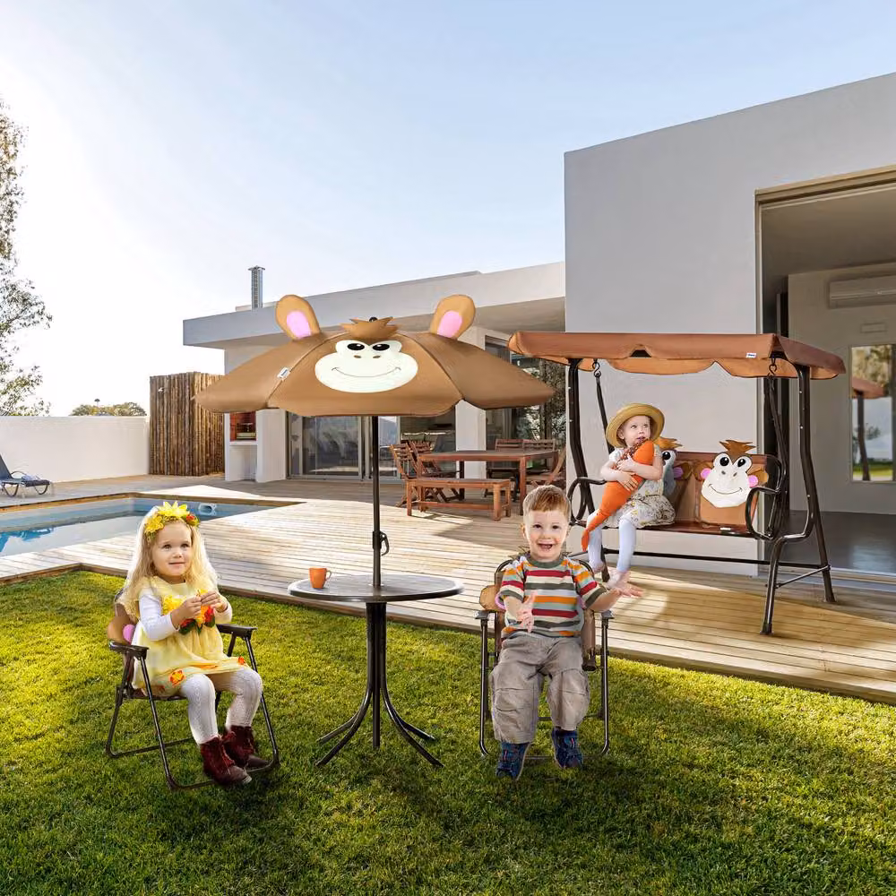 STILVORA Kids Garden Set with Folding Chairs and Umbrella in Brown – 5
