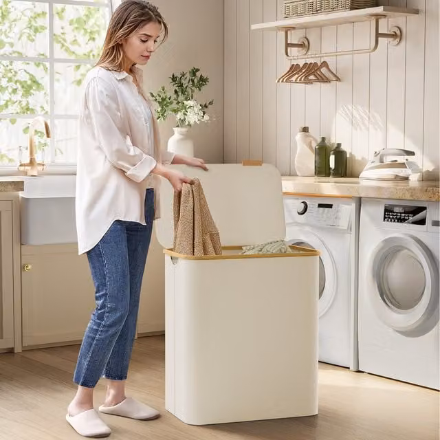 SONGMICS 150L 3-Section Large Laundry Basket with Lid and Removable Bags, White