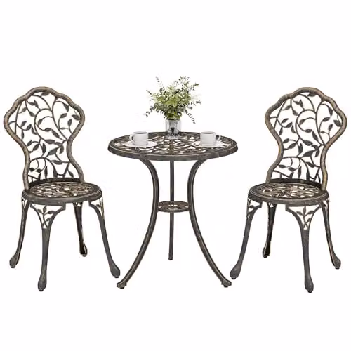 Outsunny 3 Piece Aluminium Bistro Set in Brown with Round Coffee Table and Chairs – 1