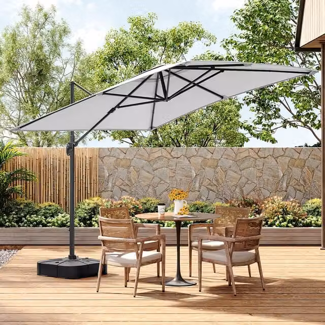 Livingandhome 3m Cantilever Parasol with Plastic Base in Light Grey
